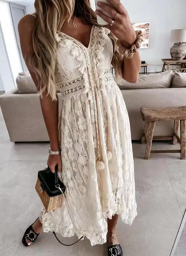 Summer new European and American lace suspender pendulum solid color long dress solid color - Image 2