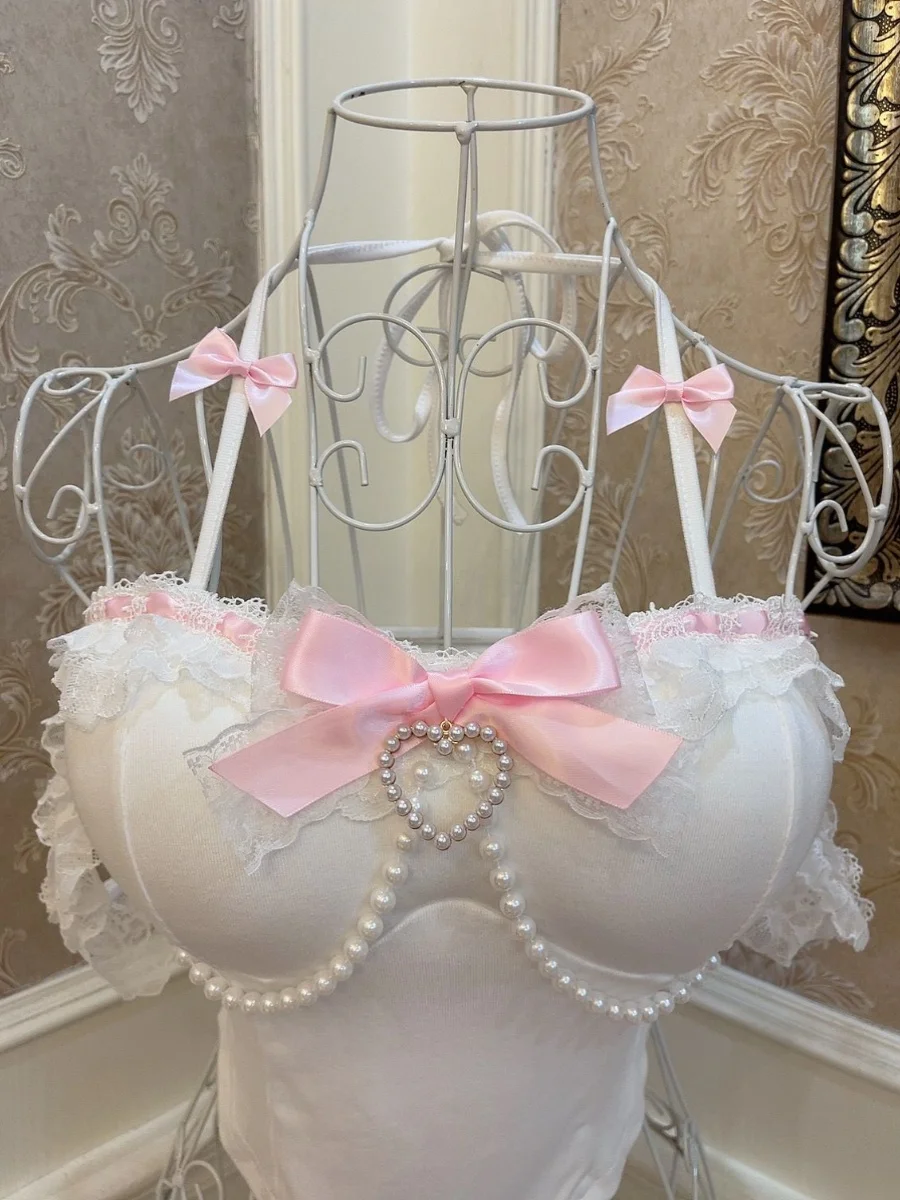 Sweet Princess Pink Bow Pearl Chain Lace Slim-Fit Halter Cropped Top Lady Girls Sexy imbottito Strap Vest Sweet canotta Sling Tops