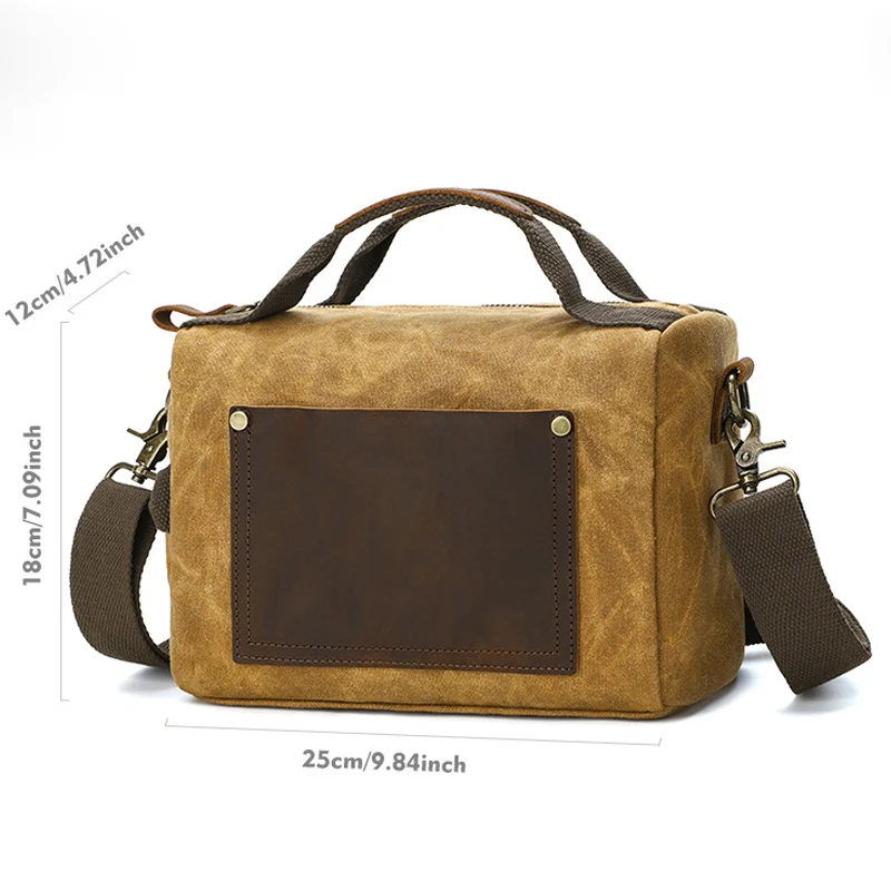 Canvas Crossbody Bag with Brown Leather Patch Vintage Handbag Adjustable Strap and Top Handle Shoulder Bags for Men Casual Use