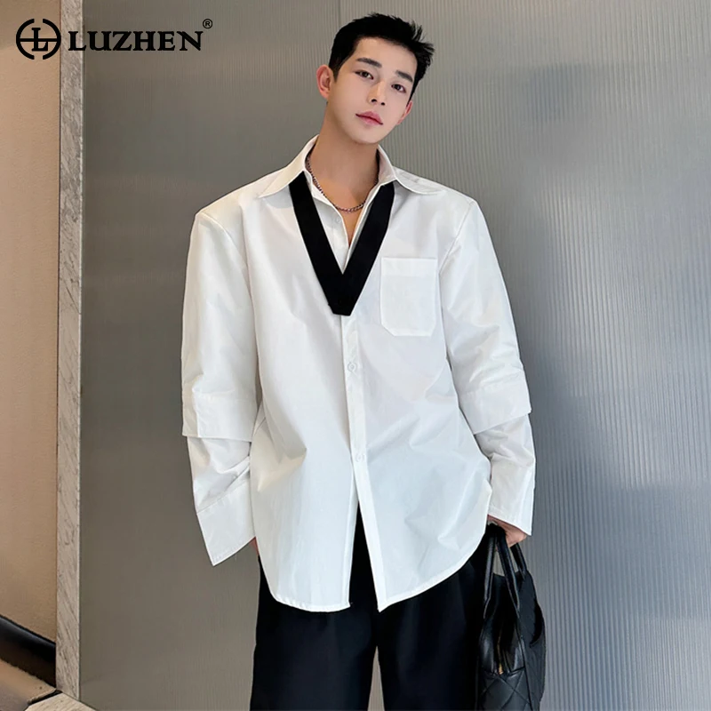 LUZHEN Double Layered Cuffsnecktie Splicing Design Trendy Long Sleeved Shirts Original Men\'s 2024 Korean New Elegant Tops LZ1938