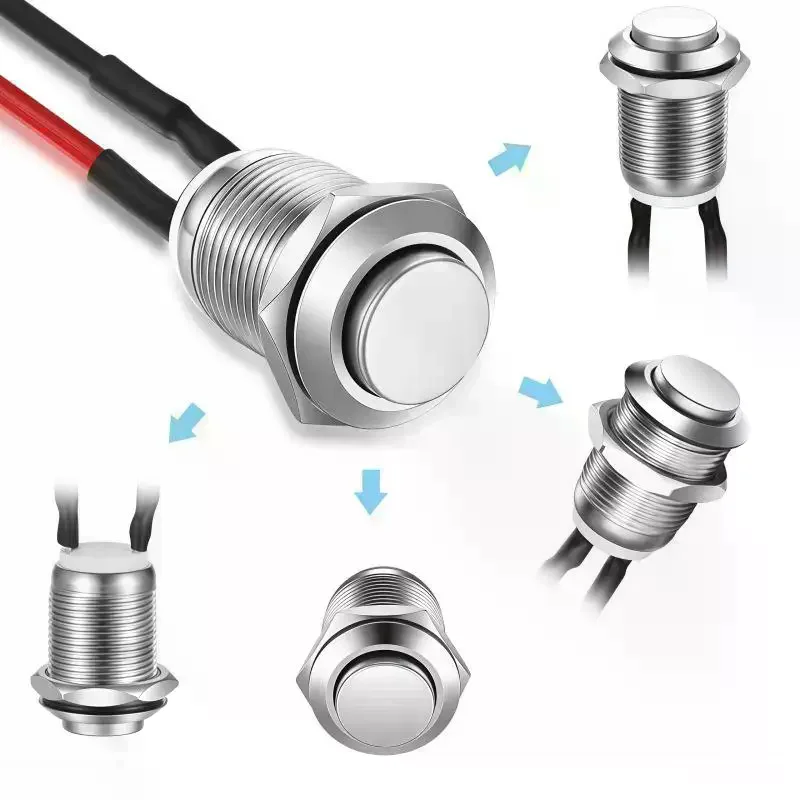 12mm Round Head Momentary Push Button Switch 5Pcs Stainless Steel 1NO with Pre-soldered Cable for Circuit Control Projects