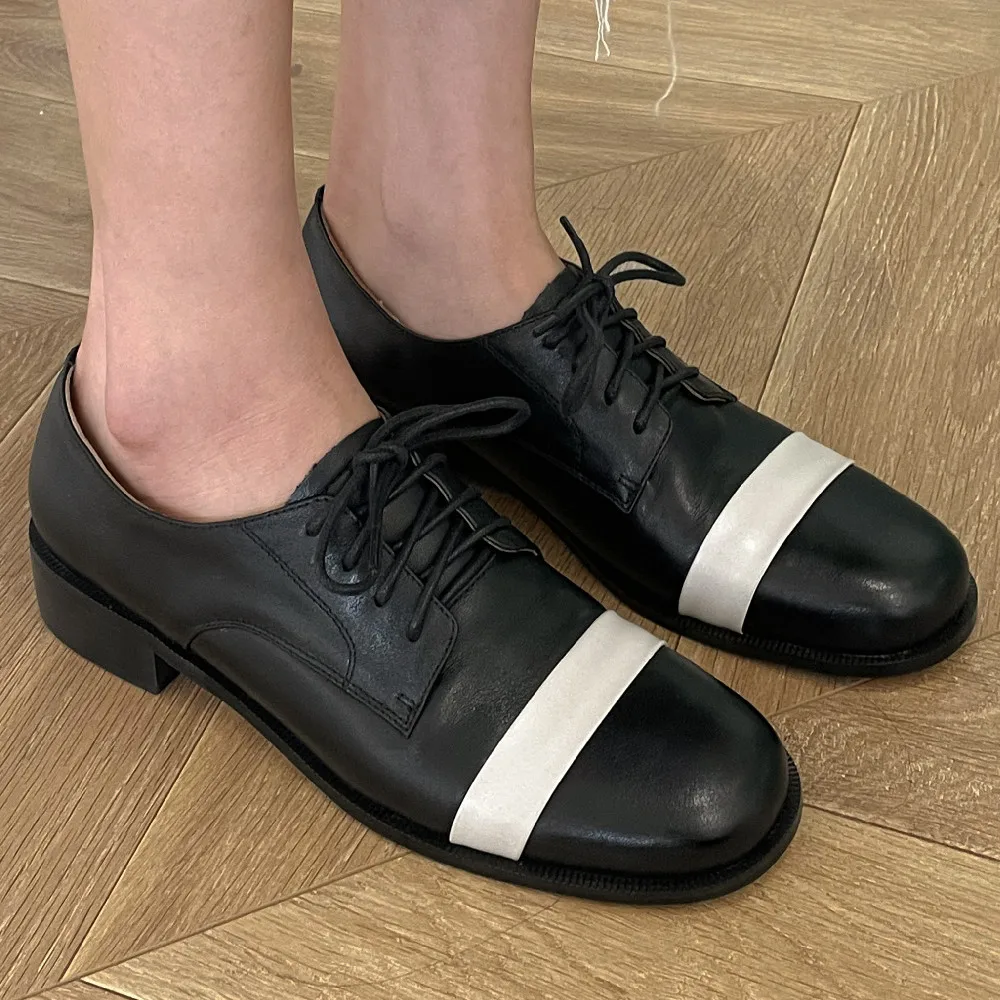 

Women's genuine leather mix color patchwork lace-up flats oxfords round toe leisure soft comfortable british style casual shoes