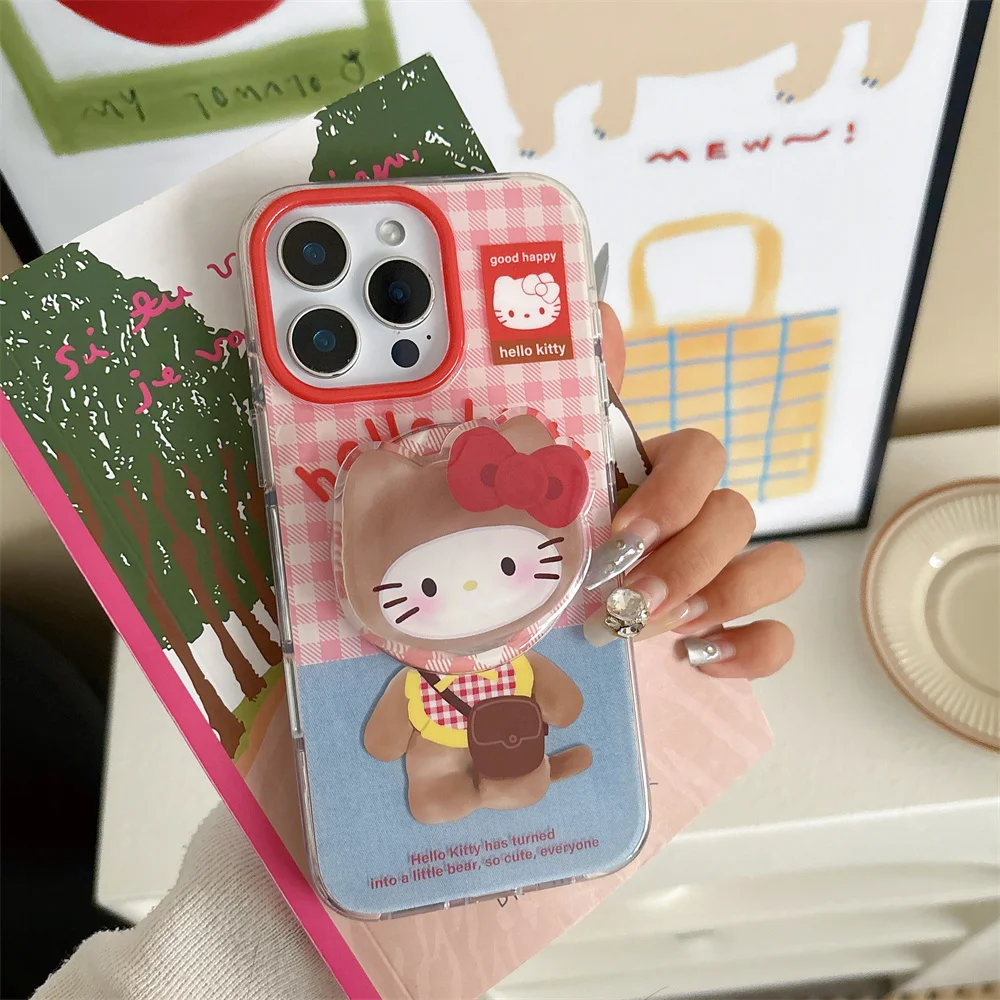 

Cartoon Cute Hello Kitty Red Lattice Magsafe Wireless Charge Case For iPhone 12 13 14 15 16 Pro Max Lovely Kitty Magnetic Stand
