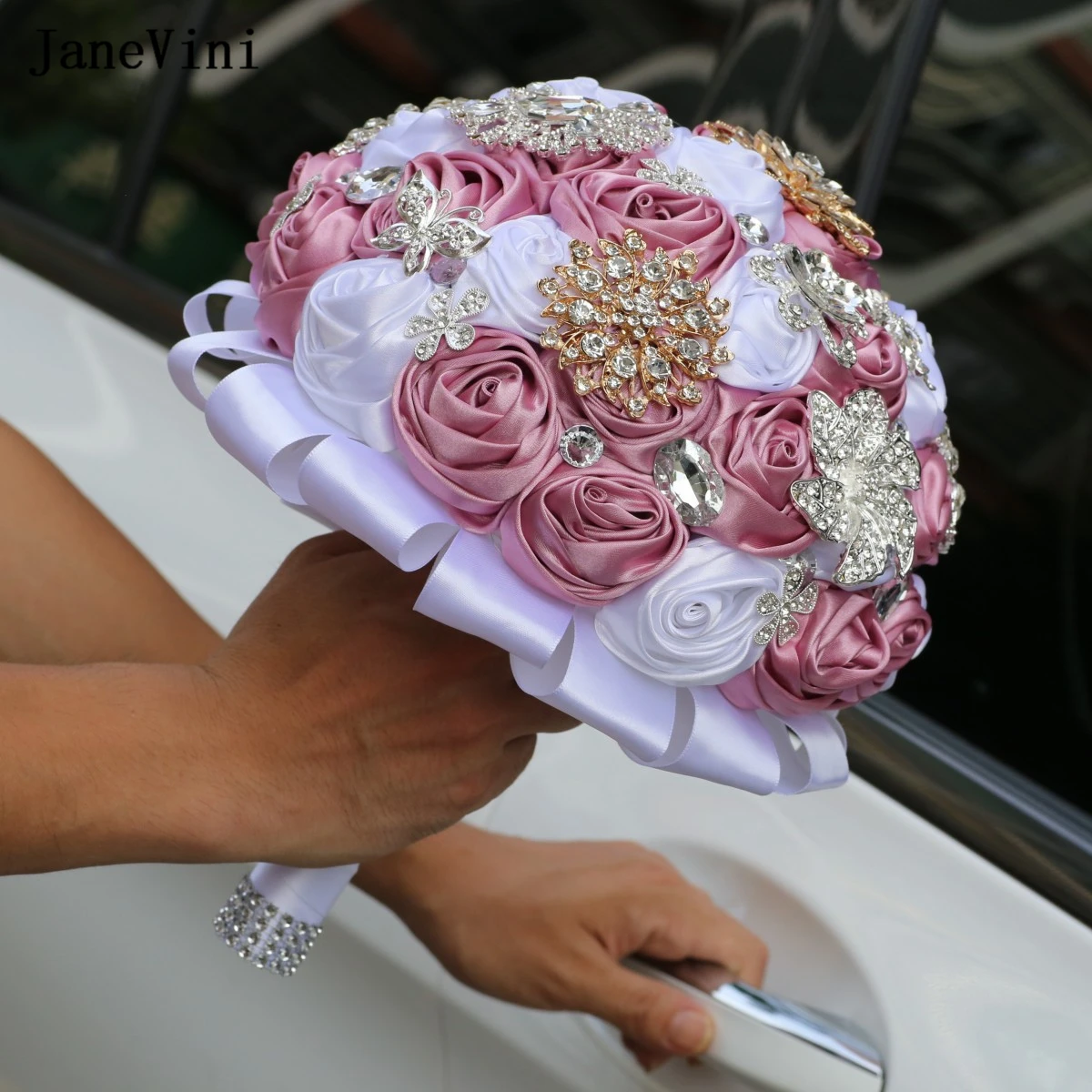 JaneVini Purple White Ribbon Flowers Luxury Crystals Bridal Bouquets Artificial Satin Roses Wedding Brooch Bouquet Ramo De Novia