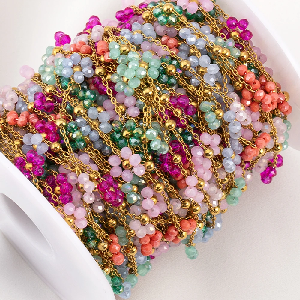 1 Meters Stainless Steel Colored Crystal Small Flower Beaded Chain for DIY Necklace Bracelet Jewelry Making Supplies
