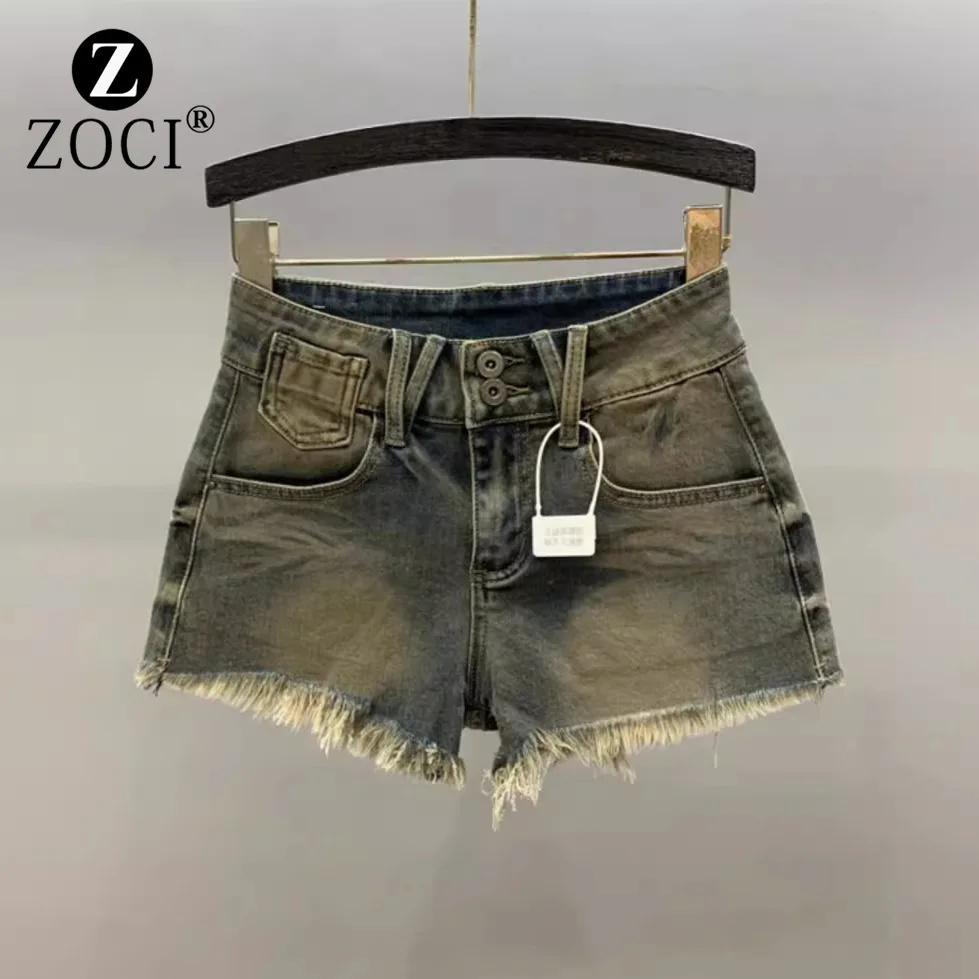 [zoci] 2024 Summer New High Waisted Denim Shorts Straight Cut, Slimming, Girl, Slim Fit, A-line Fringed Hot Pants,