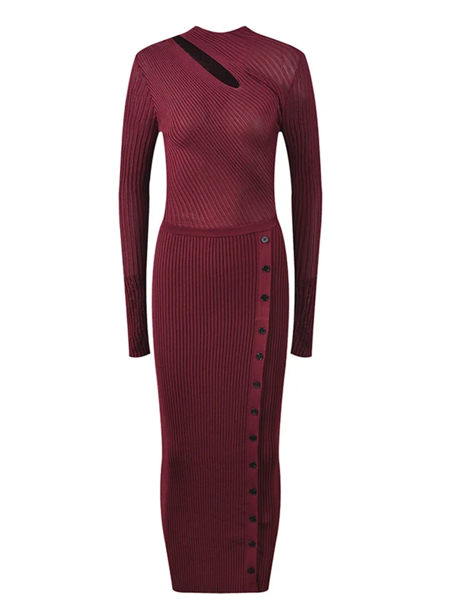 Vgh sólido emendado recorte tricô midi vestidos para mulheres em torno do pescoço manga longa cintura alta emagrecimento temperamento vestido feminino novo