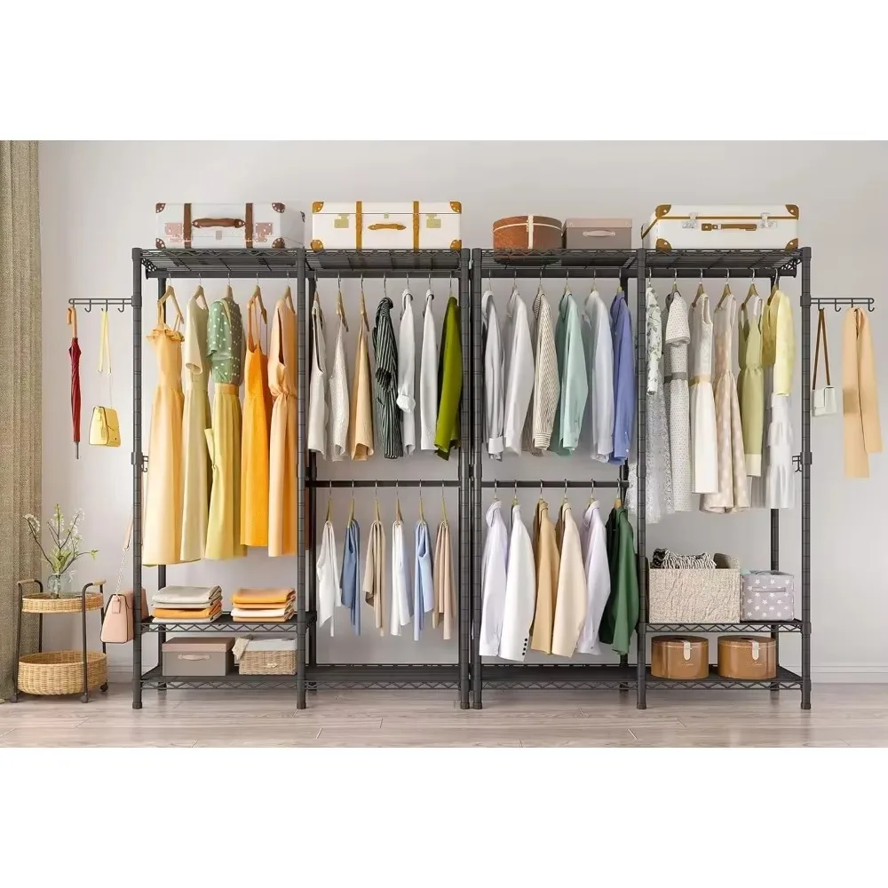 

Clothes rack, metal wardrobe organizer and locker, wardrobe hanger, 3-tier adjustable wire rack with 2 rails and side hooks