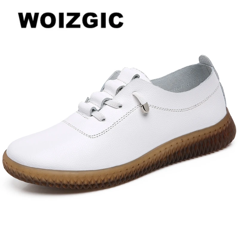 WOIZGIC Ladies Women\'s Female Mother Genuine Leather Vulcanized Shoes Flats Moccasin Loafers Non Slip Lace up Plus Size 41