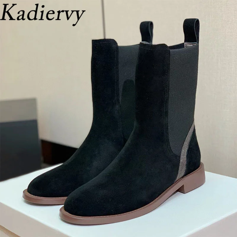 

Роскошные качественные короткие ботинки, женские туфли без шнуровки на плоской подошве с круглым носком, женские замшевые лоскутные ботильоны с бусинами, женские рыцарские ботильоны