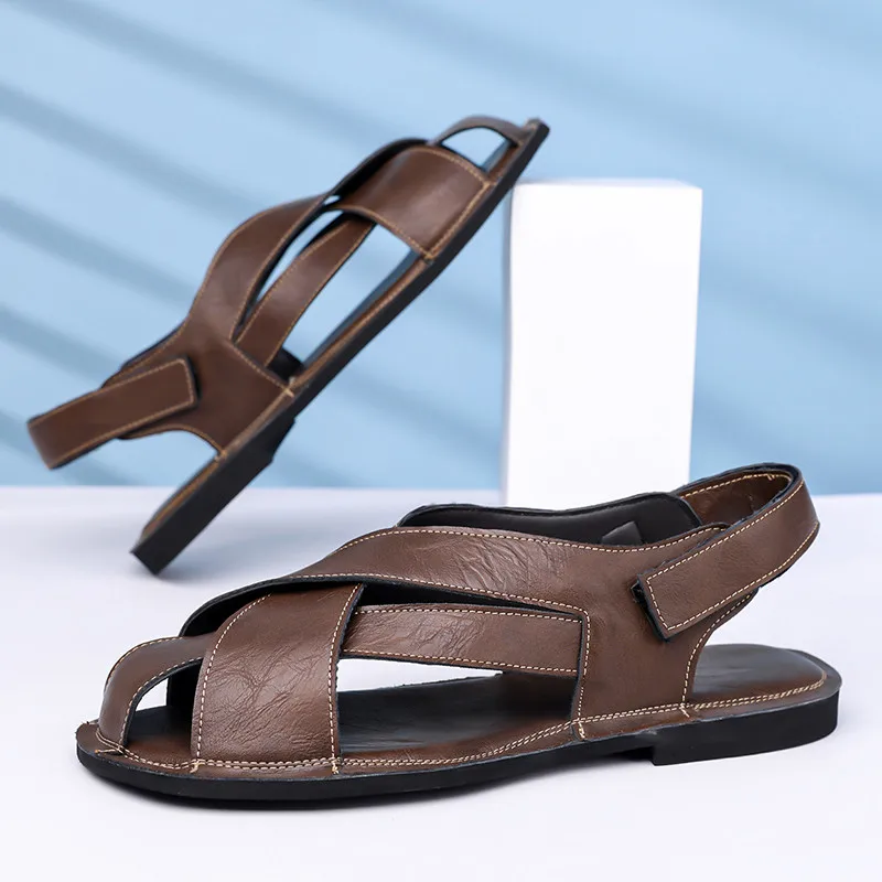 

Classic Brown Men's Summer Sandals Large Size 48 Leather Sandals Men Comfortable Flat Roman Sandals for Men sandalias de hombre