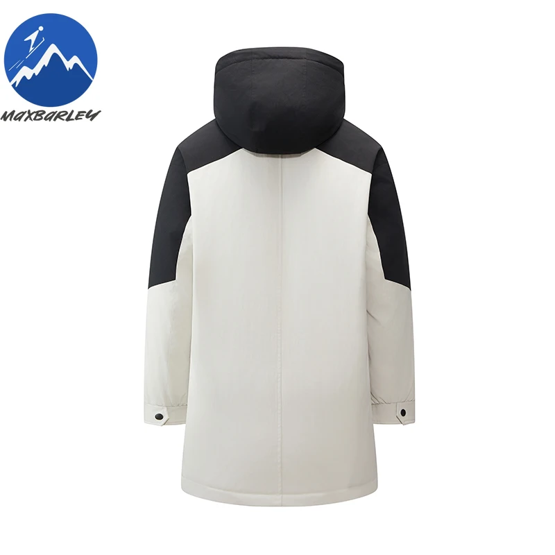 Maxbarley Premium Mens Down Jacket Fashion Hooded Long Splicing Ski Lightweight Down Coat Travel Anti-Cold Autumn Winter Parka