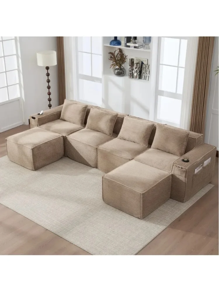 4-Sitzer Modulares Cord-Sofa-Set mit 2 Hockern, Getränkehaltern & Seitentaschen, Federkern-Schaumstoffpolster, Dimensionsstabil, Komprimierte Verpackung, Montagefreies Sofa für Wohnräume in Apartments