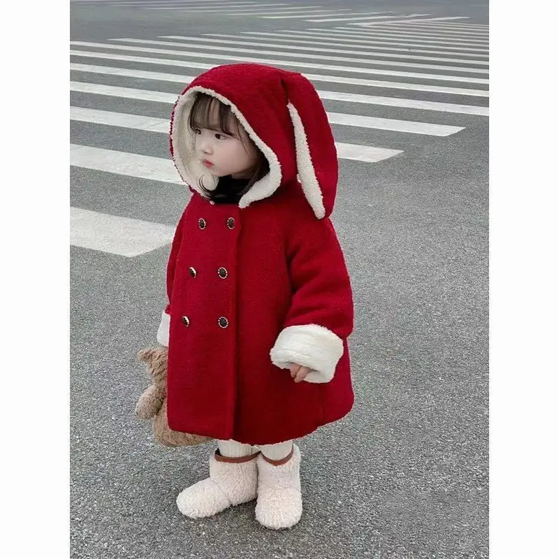 Girls Red Christmas Coat Children 2024 New Autumn Winter Fashion Fleece Thick Wool Coat Korean Simple Style Warm Coat