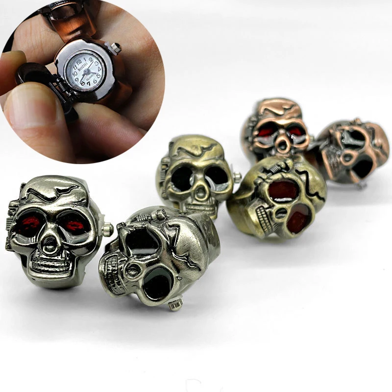 

Kiss Jewelry Antique Copper Flip Skull Digital Quartz Watch Rings Vintage Halloween Funny Alloy Elastic Band Clock Ring Gift