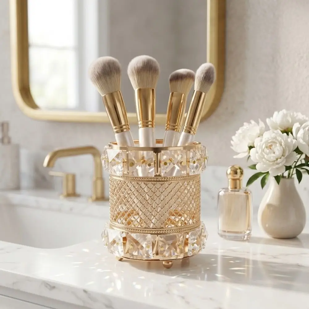 Gold Makeup Brush Holder Organizer Crystal Luxurious pen holder Elegant Bling Cosmetic Storage Box Bathroom Countertop
