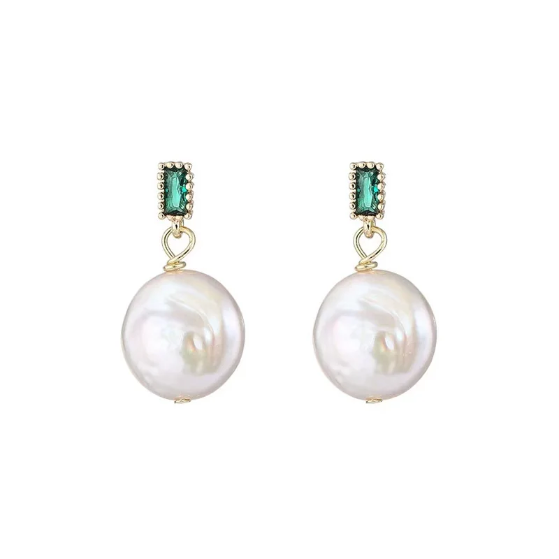 France Nearly Circular Baroque Natural Freshwater Pearl Pendant Earrings Fashion Simple Green Crystal Earrings Women Jewelry
