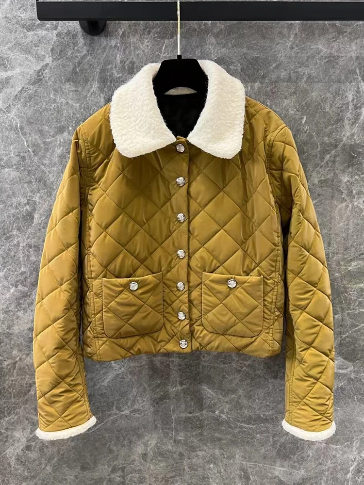 Vintage diamond checked lamb wool cotton lapel cotton-padded jacket 2024 winter women's new fashion all-match cotton jacket