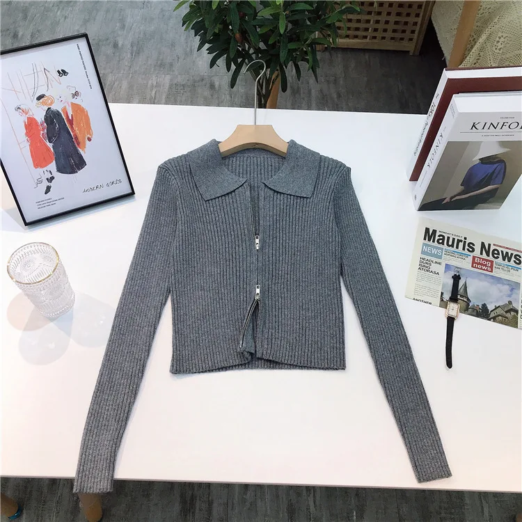 

1497 Internet Celebrity Same Style Double-Headed Zipper Turn-Down Collar Slim Fit Slimming Ribbed Knit Cardigan Sweater Coat