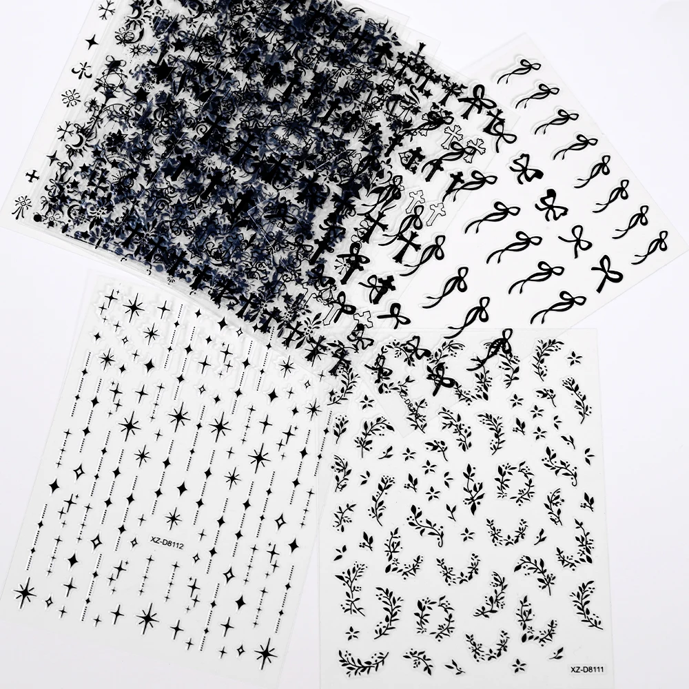 12 Stuks 3D Zwarte Strik Kruis Ster Maan Nail Stickers Mini Vijfpuntige Ster Strik Y2K Nail Decal nail Art Decoratie Accessorie