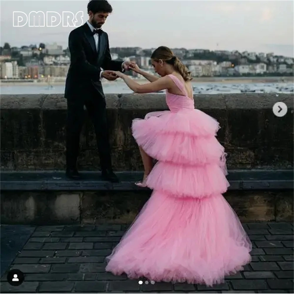 DMDRS | Fluffy Tulle Prom Party Dresses High-Low Sweet Pink Women\'s Long Evening Dress Tiered Formal Occasion Gown