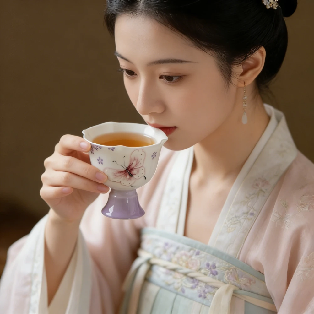 Unique Creative Gradient Purple Hand-painted Butterfly Ceramic High-legged Tea Cup,high-quality Handcrafted Flower-shaped Spout