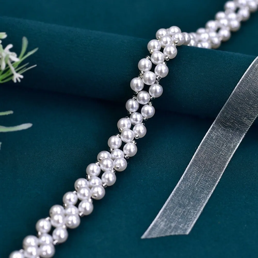 Fashion Pearl Waist Belt Organza Ribbon Elegant Beaded Sash Waist Chain For Wedding Dress