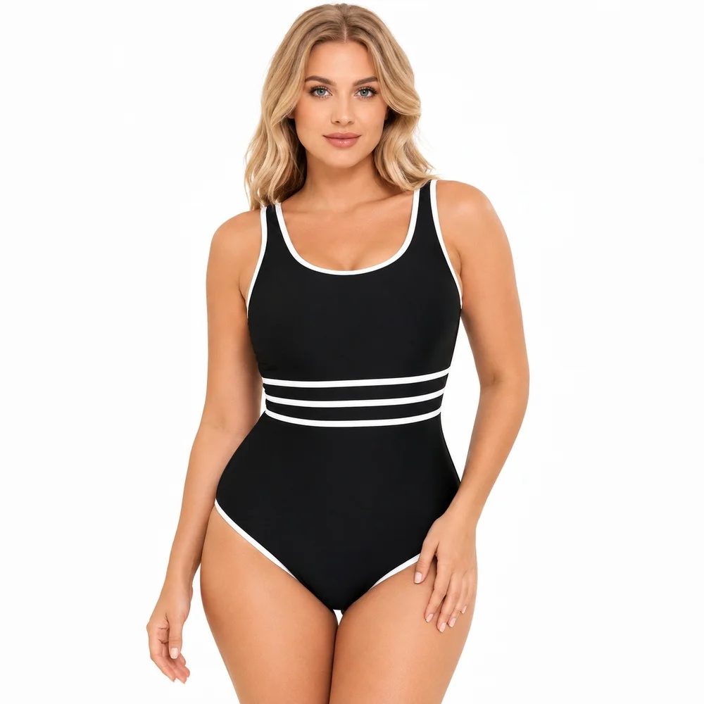 Plus Size Black One Piece Swimsuit Women White Contrast Trim Waist Stripe Swimwear with Removable Pads for Beach Pool Vacation