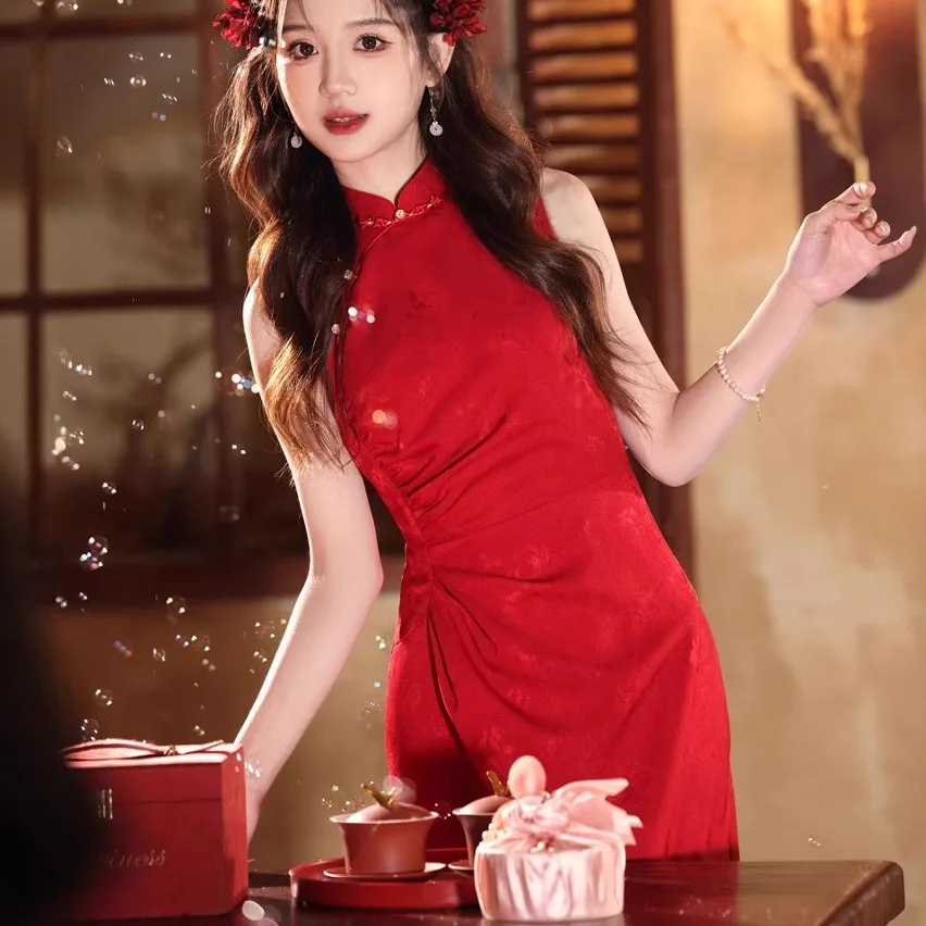 E Qipao Rojo Estilo Chino sin Mangas con Cuello ter para Cromiso y Boda, Vestido Largo Estilizador de Tela de Se...