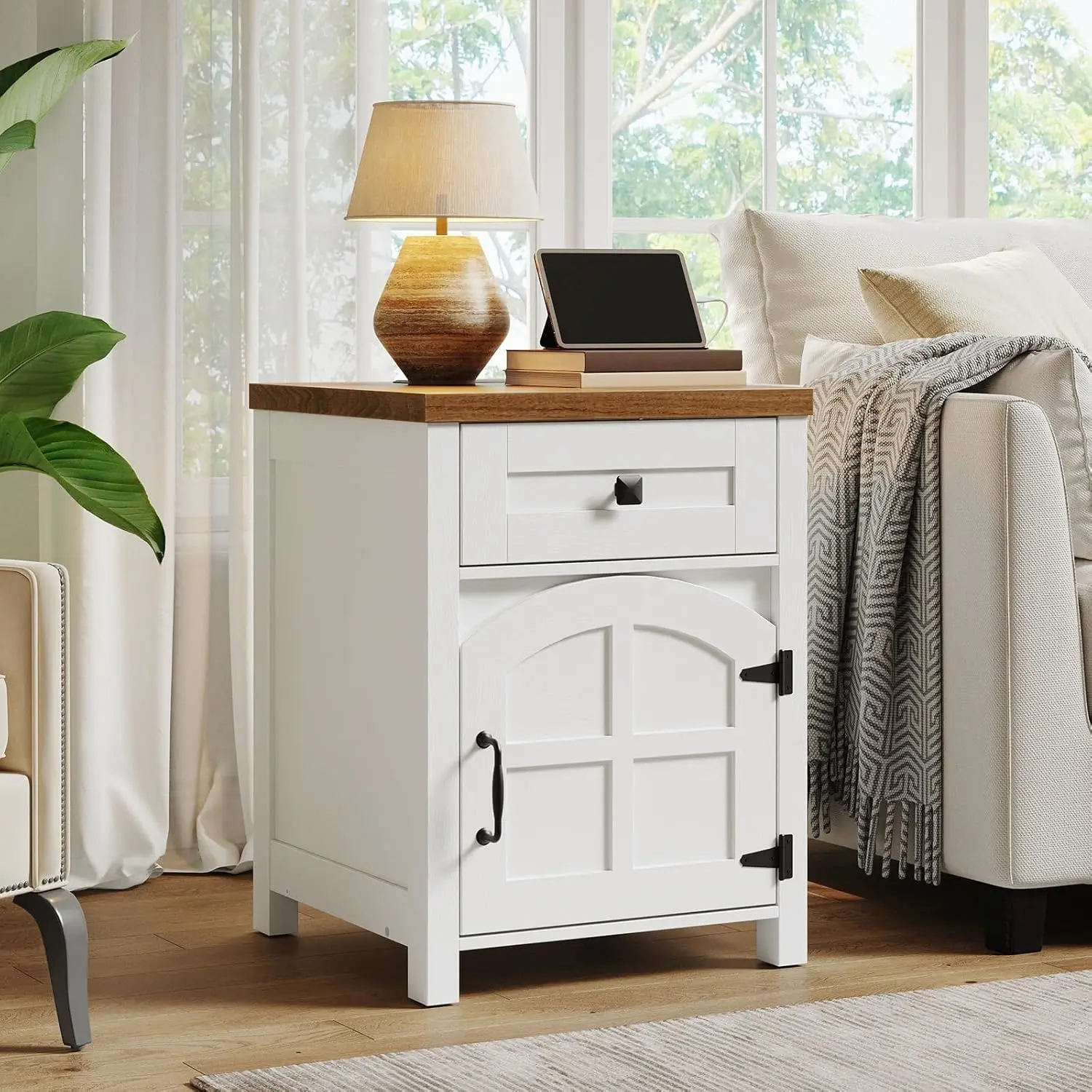 

Rustic End Table Charging Station Drawer Barn Door White Walnut Living Room Bedroom Side Customized
