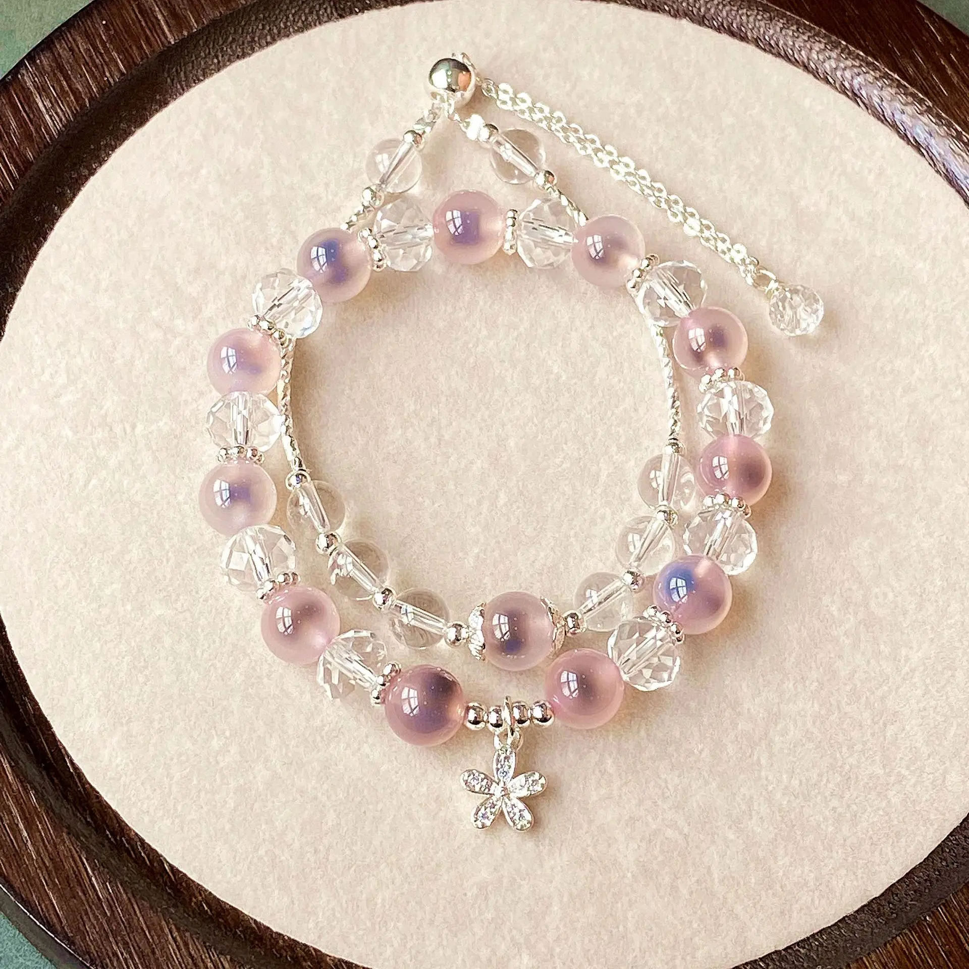 

Ruifan Elegant 2pcs/set Pink Sugar-core Agate Beaded Women's Stacked Bracelets Silver Plated Flower Charm Female Bangle 1592
