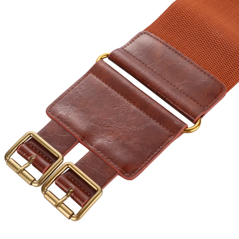 Luxury Ladies Double Breasted Wide Belt Elastic Vintage Buckle Leather Wide Fashion Women\'s Waist Seal Belt Slimming Body Belts