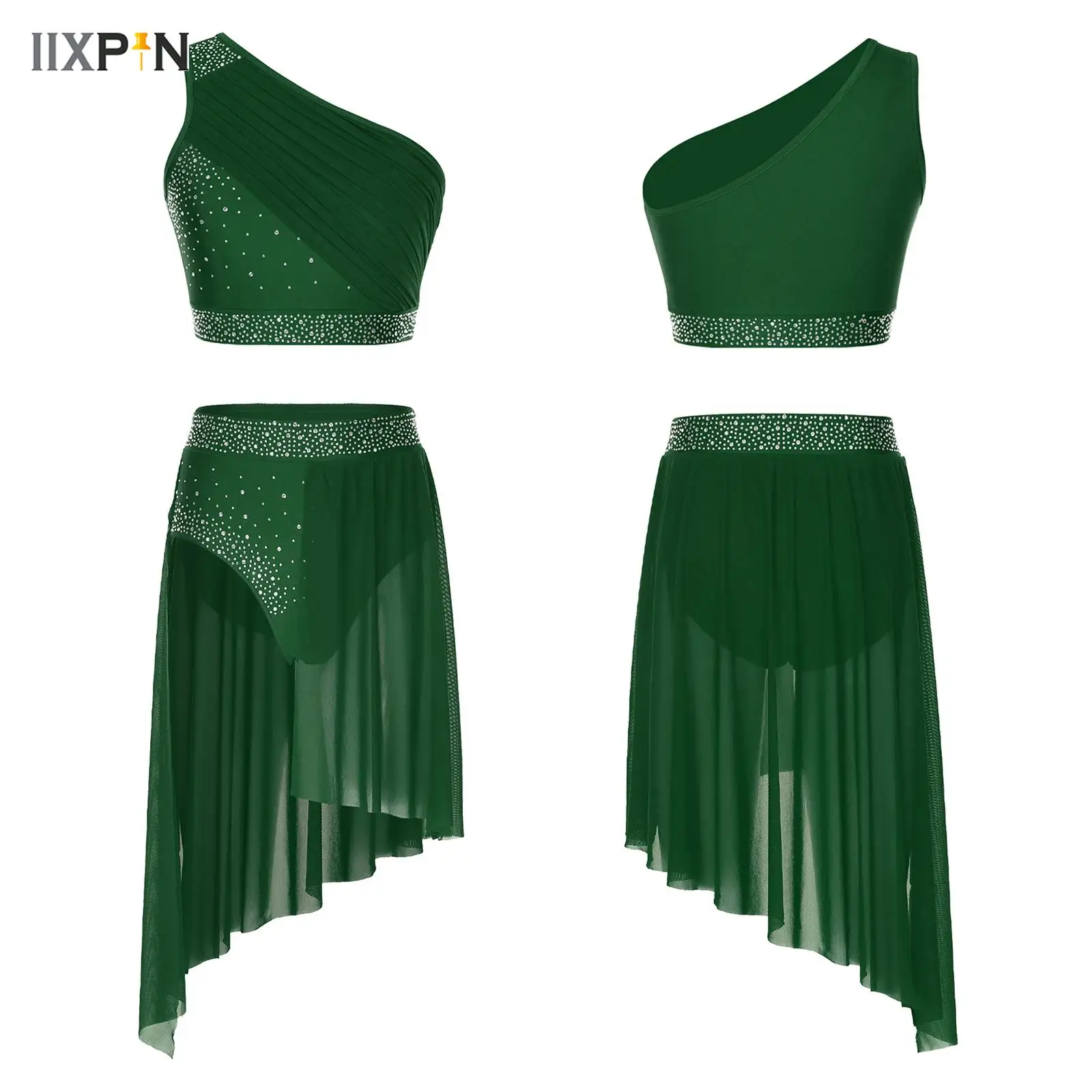 

Womens Lyrical Dance Costume Set 2Pcs Modern Dancewear One Shoulder Ruched Mesh Overlay Rhinestones Crop Top+Irregular Hem Skirt