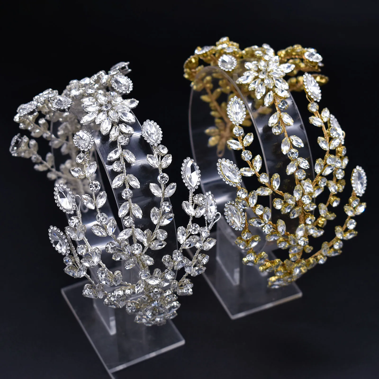 DZ083 Bridal Hair Headband with Rhinestone Silver Floral Tiara for Wedding, Prom, Vintage Elegant Crystal Party Headpiece