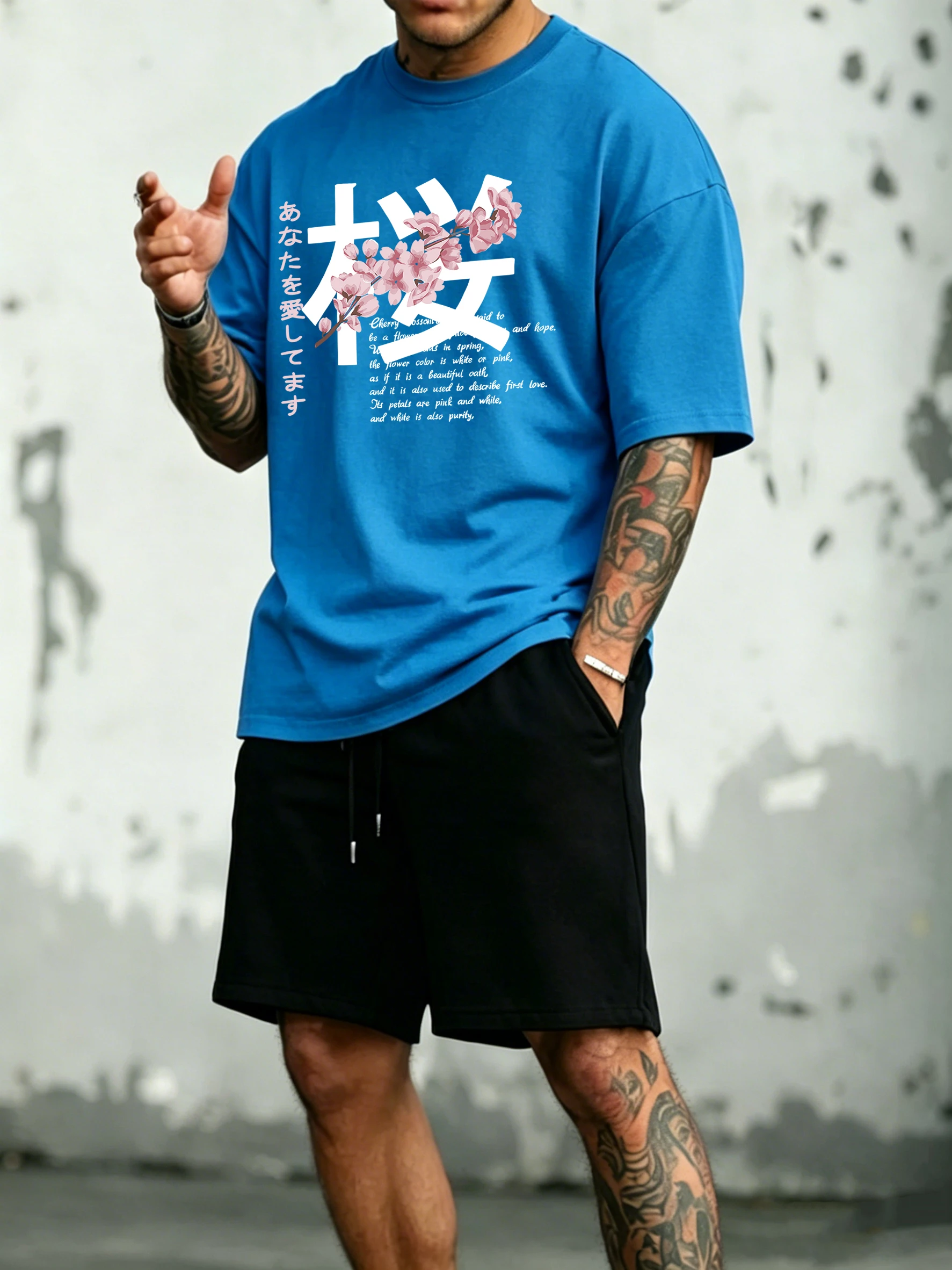 

Japan Harajuku Cherry Blossom Art Letter Prints Cotton Summer Soft Mens Streetwear Set Basic Pocket Bottom Cool All-Match Short
