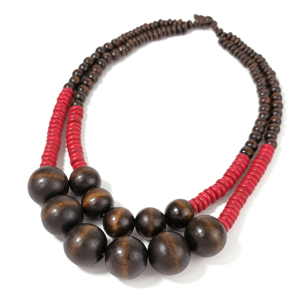 Bohemian Two-Layer Beaded Necklaces Brown mix Red Big Wood Beads Collar Choker Necklace For Women New Statement Jewelry UKEN