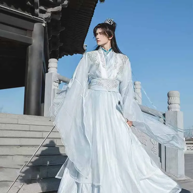Hanfu الرجال الصينية القديمة التقليدية الأبيض والأزرق Hanfu زي الذكور زي هالوين تنكري Hanfu الدعاوى النساء حجم كبير XXL