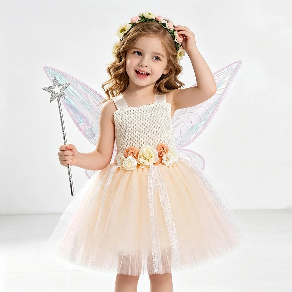 Flower Forest Fairy Costume for Girls Woodland Angels and Fairies Fancy Dress Kids Halloween Carnival Outfit with Wings Wand Set