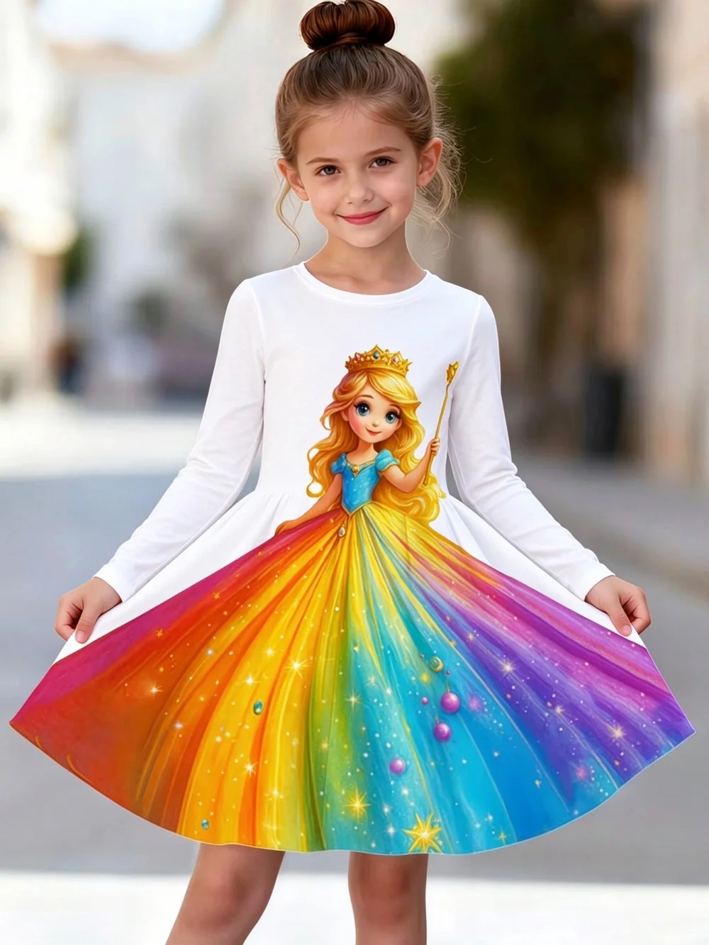 Children Clothes Girl Rainbow Star Magic Princess Dress Colorful Gradient Print Long Sleeve Dress Birthday Party Costume Dress