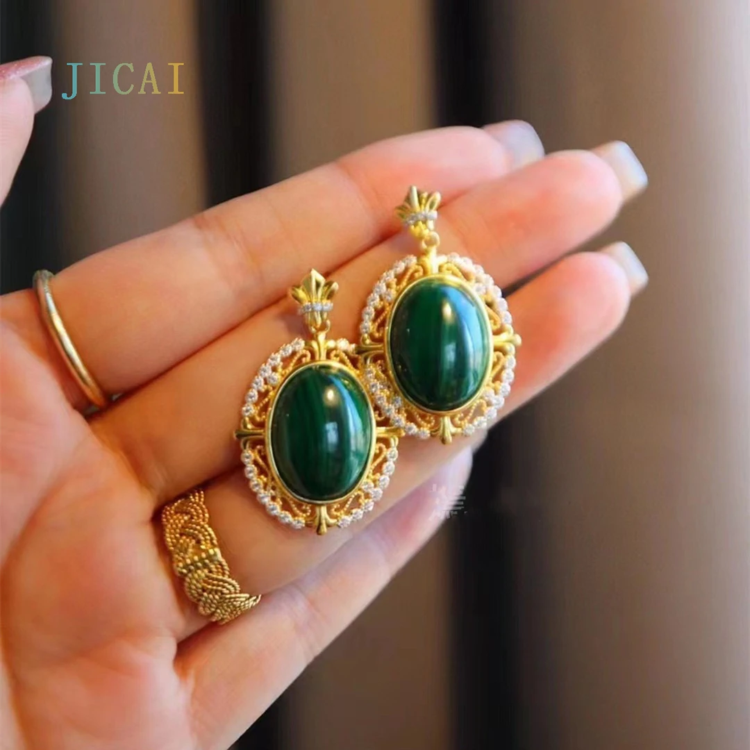 JICAI Natural Malachite Earrings Overall 925 Silver Plated 18k Gold Inlaid Rim Zircon Embellishment Vintage Hollow Design Luxuri