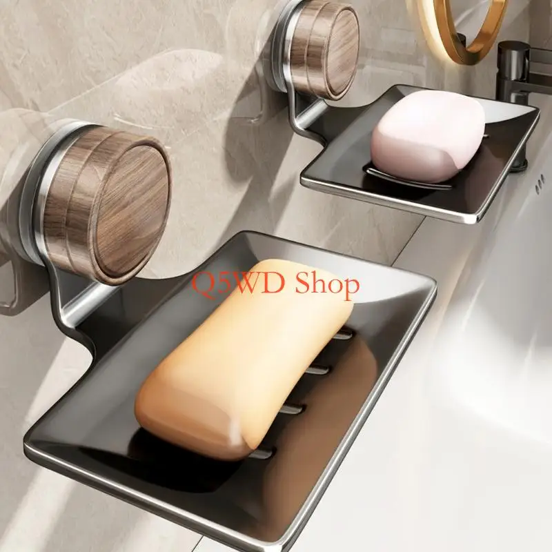 Q5WD Space Aluminum ABS Suctions Soap Tray V Drain Holes Waterproof Oil Resistant Bathroom Organizers Easy to Reuse