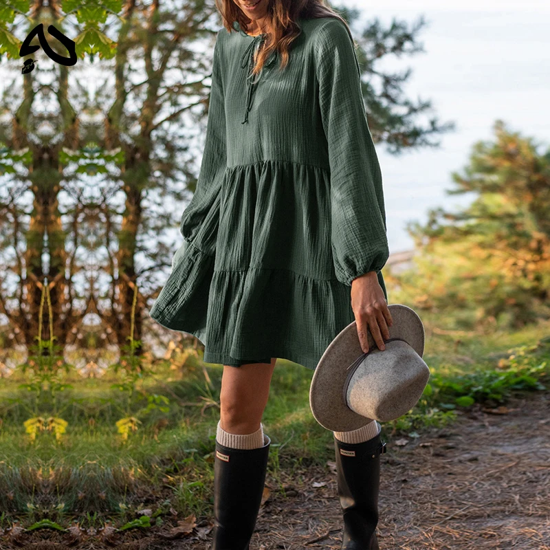 Original Robe en mousseline 100% coton, style rétro, ample, à lacets, à volants, manches longues, ve