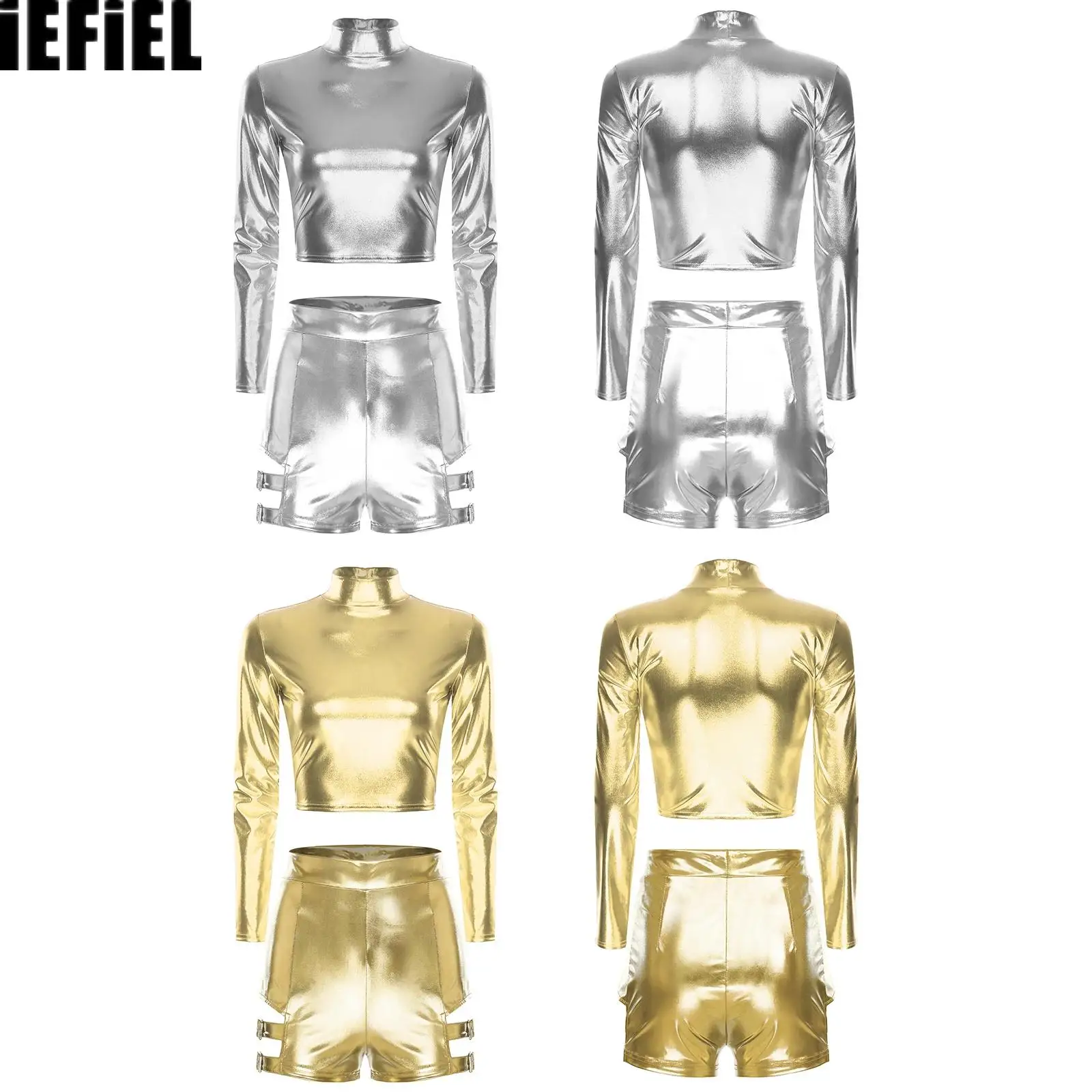 

Женский блестящий джазовый костюм с металлическим эффектом: укороченный топ с высоким воротником и длинными рукавами, а также шорты с высокой талией, вырезами на бедрах и пряжками.