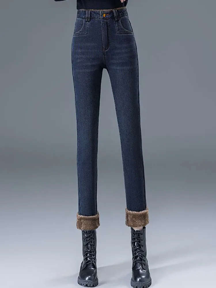 겨울용 따뜻한 스키니 펜슬 진 한국 패션 하이웨이스트 플리스 안감 데님 팬츠 여성 캐주얼 빈티지 스트레치 솔리드 바케로스