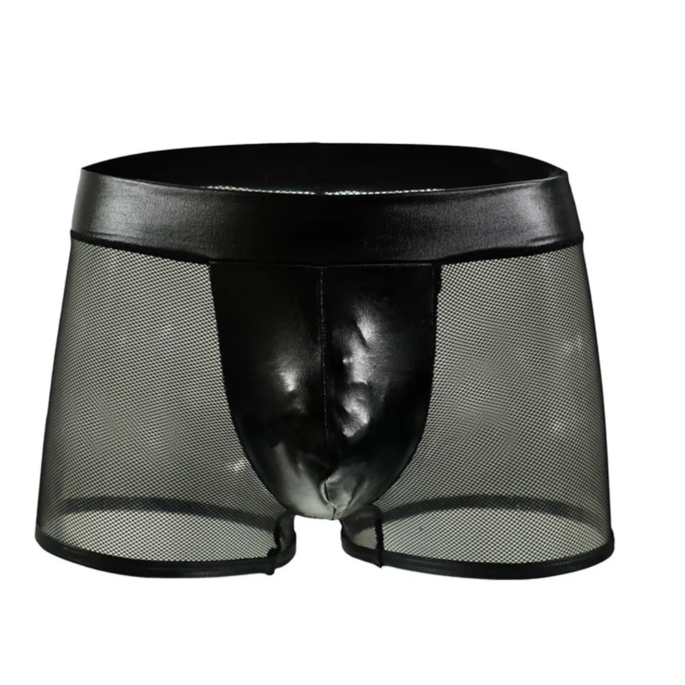 Bóxer Sexy de piel sintética para hombre, ropa interior transpirable de malla negra, calzoncillos eróticos de tiro bajo para club nocturno