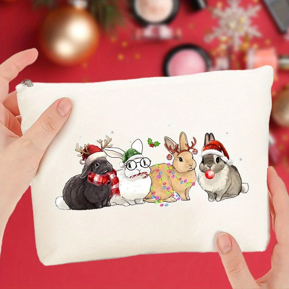 Un sac de maquillage rétro lapin de Noël – Jolie pochette multifonctionnelle à fermeture éclair pour femmes, sac de rangement de bijoux