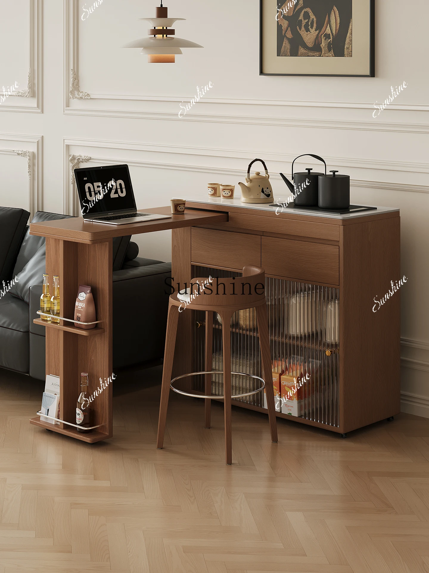 

Solid wood bar table, living room partition cabinet, retractable household small apartment balcony mobile teaP