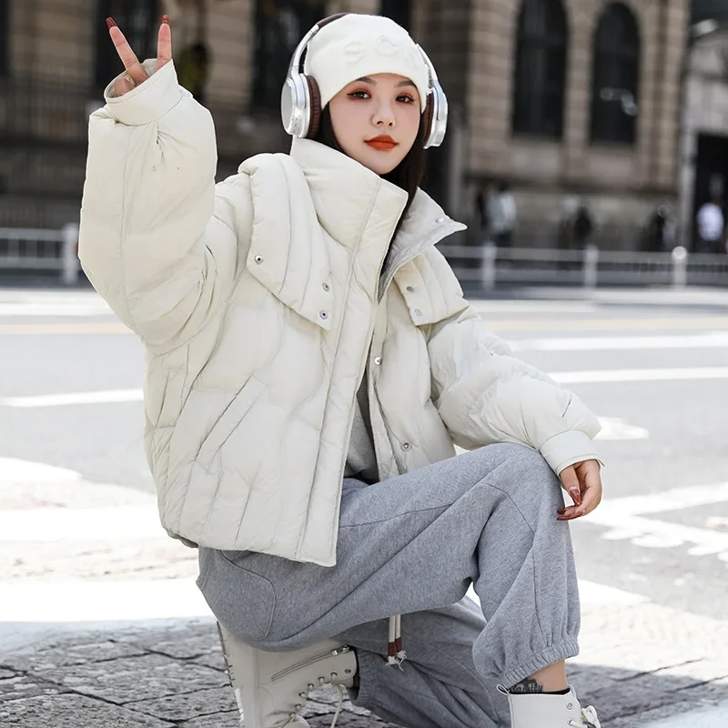 Chaqueta corta gruesa de plumón para mujer, plumón de pato blanco, cuello alto, chaqueta acolchada suelta, tops cálidos para mujer, moda de invierno, nuevo, 2024