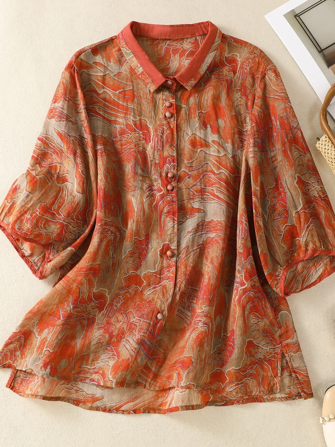 

Летний хлопковый льняной топ с цветочным принтом, свободный крой, универсальный топ для мам, художественный воротник с воротником-стойкой Five Sve, женский irt