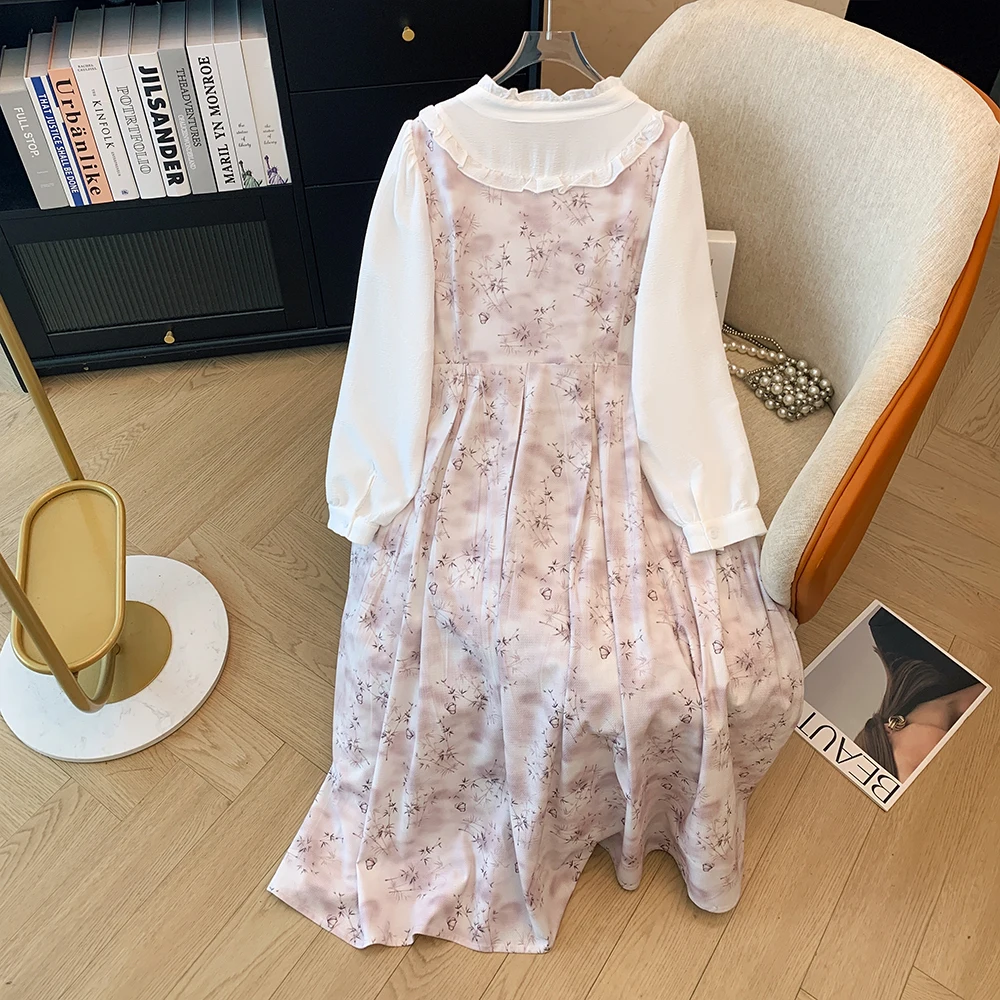 Autumn plus size women's casual British style dress with wooden ear trim girly dress shirt sleeves loose party dress 2024 new